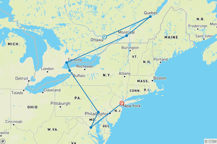 Map of Eastern Canada & USA Explorer 2026 - 15 Days