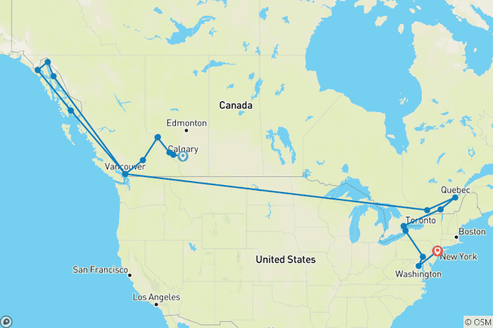 Carte du circuit Les majestueuses Rocheuses et l'Est du Canada