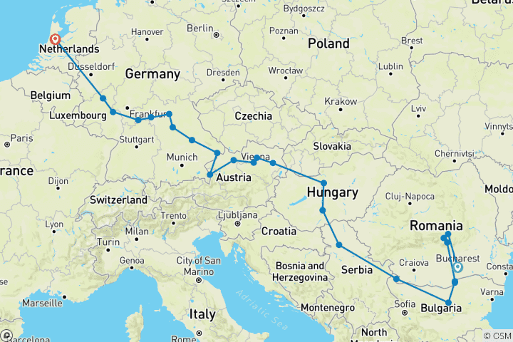 Map of Grand Voyage of Europe with Transylvania Bucharest → Amsterdam (2026)
