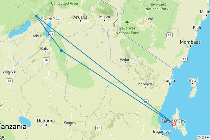 Karte von 3-tägige Tarangire & Ngorongoro Mid-Range Private Safari von & nach Sansibar