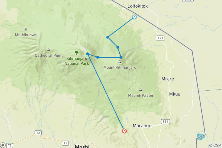 Mapa de Ruta Rongai de 8 días: una opción más larga y menos masificada