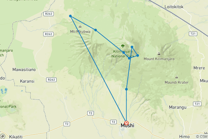 Mapa de Ruta Shira de 9 días - Comienzo en alto para escaladores experimentados
