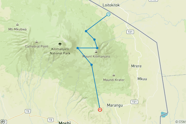 Mapa de Ruta del Rongai en 8 días - Menos multitudes y con vistas únicas