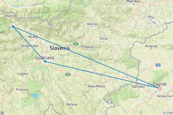 Carte du circuit 5 jours à Zagreb, y compris Ljubljana et le lac de Bled