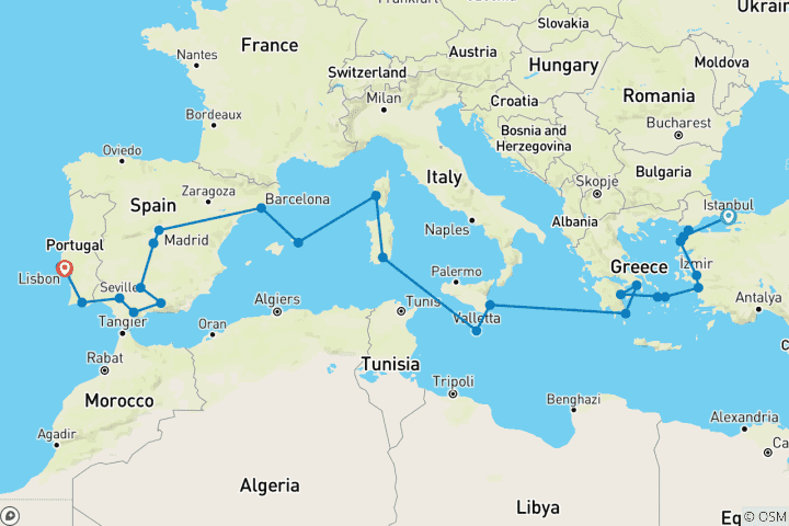 Carte du circuit L'Espagne et le Portugal enchantent avec les merveilles de la Méditerranée Istanbul → Lisbonne (2026)