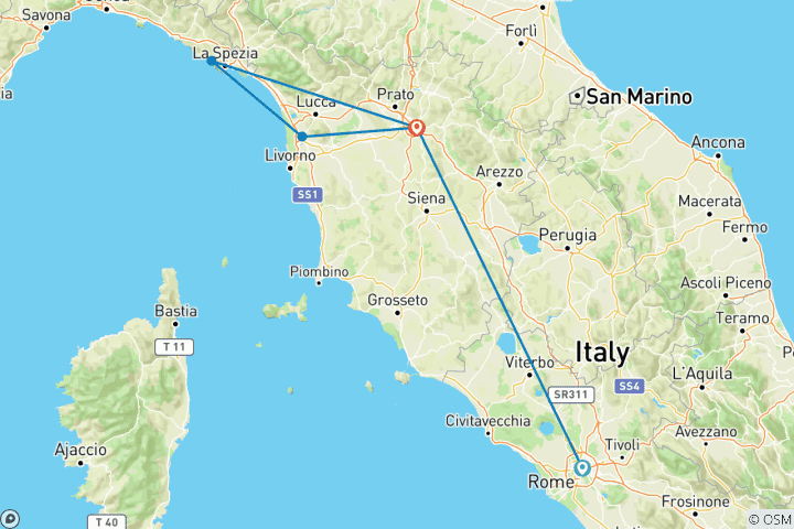 Carte du circuit 5 jours de train entre Rome et Florence, y compris Pise, Cinque Terre, Villa D'Este et Villa Adriana