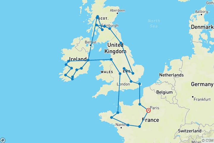 Carte du circuit Les îles britanniques avec la Bretagne et les châteaux de la Loire