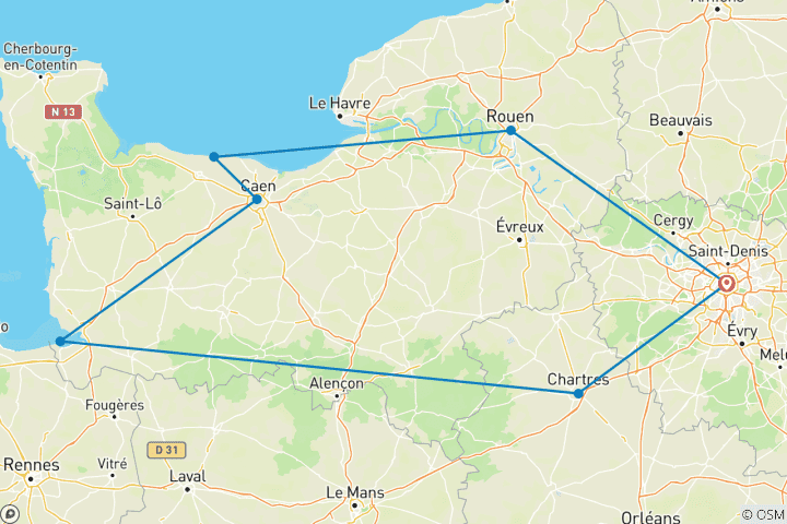 Map of Brittany and Normandy with Paris