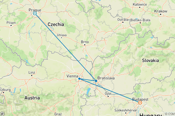 Map of Prague, Vienna and Budapest (All Summer And 26/27 Winter Onwards, 10 Days)