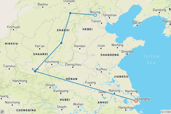 Karte von Nordchina Erkundungstour der antiken Städte in 11 Tagen - Private Tour (Peking/Datong/Pingyao/Xi'an/ Shanghai)