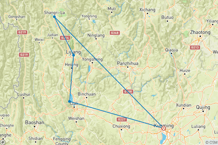 Carte du circuit 10 jours - Meilleur circuit au Yunnan - Circuit privé (Kunming/Dali/Lijiang/Shangri-La)