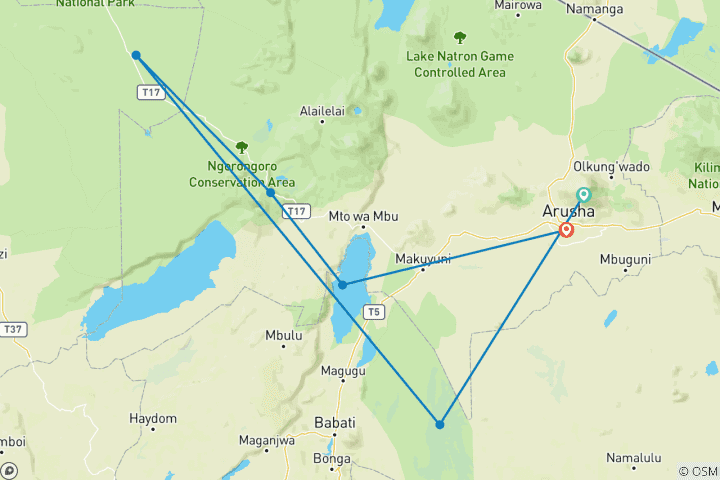 Mapa de Safari de 7 días por el Circuito Norte (Manyara, Serengeti, Ngorongoro, Tarangire, Parque Nacional de Arusha)