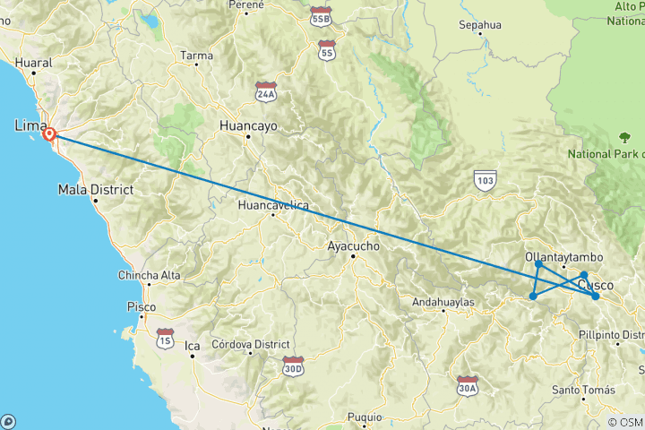 Mapa de Caminata del campamento base Salkantay a Machu Picchu