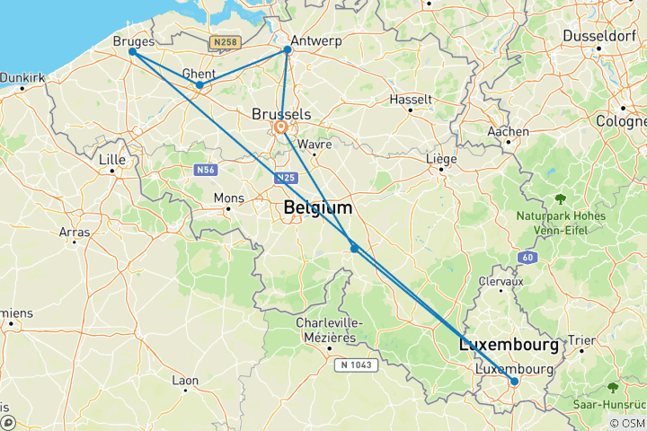 Map of 7 Day Brussels including Antwerp, Battle of the Bulge, Flanders Fields, Ghent, Bruges, Luxemburg & Dinant
