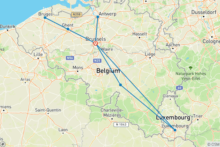 Karte von 7 Tage Brüssel mit Antwerpen, Ardennenschlacht, Flandern, Gent, Brügge, Luxemburg & Dinant