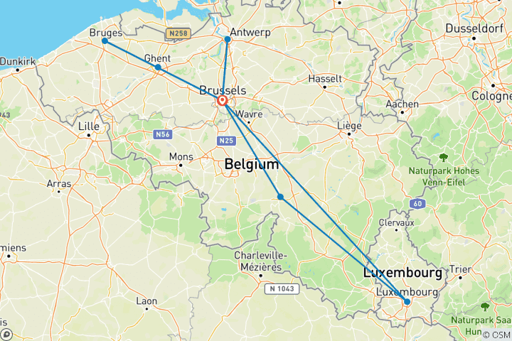 Carte du circuit 7 jours à Bruxelles avec Anvers, la Bataille des Ardennes, le Champ de Flandre, Gand, Bruges, Luxembourg et Dinant