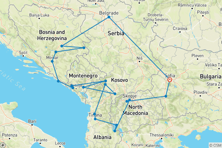 Carte du circuit Les Ultimes Balkans : 8 pays en 15 jours - Découvrez la Bulgarie, la Serbie, la Bosnie-Herzégovine, la Croatie, le Monténégro, le Kosovo, l'Albanie et la Macédoine du Nord.