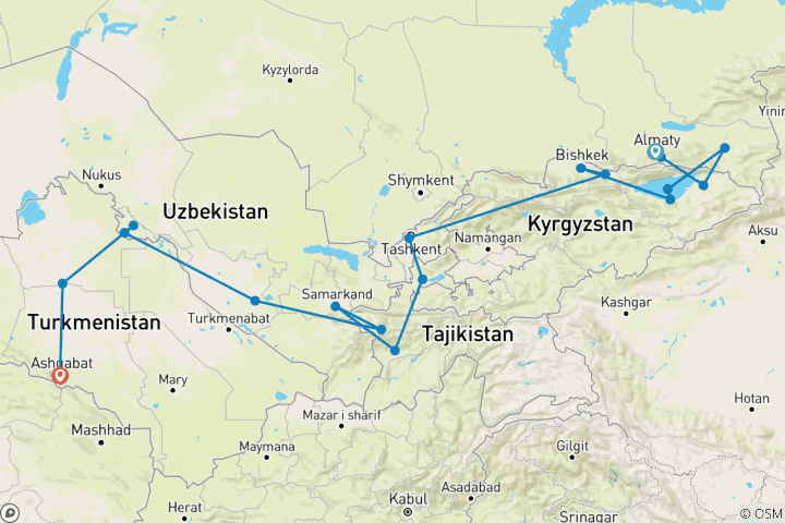 Carte du circuit L'ultime circuit des 5 Stans : Kazakhstan, Kirghizistan, Tadjikistan, Ouzbékistan et Turkménistan - Découvrez l'Asie centrale en 16 jours