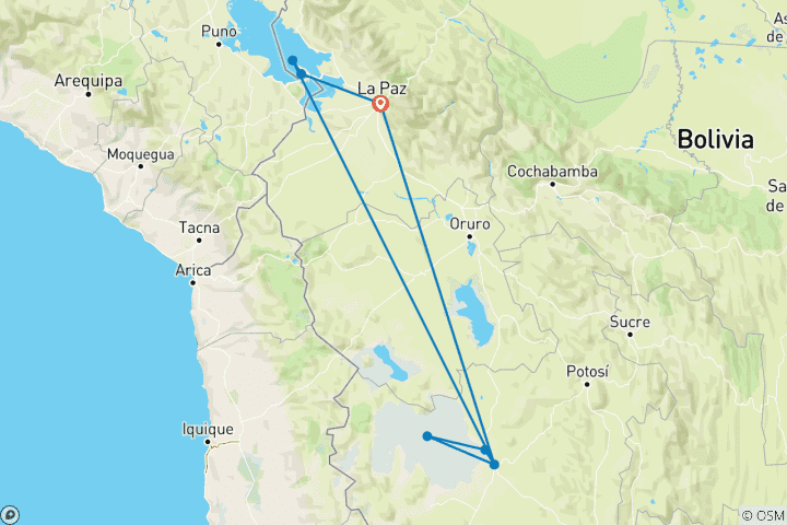 Map of 6-Day Bolivia Tour Package including La Paz and Uyuni
