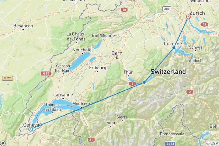 Carte du circuit La Suisse en 7 jours - Genève, Interlaken, Lucerne et Zurich