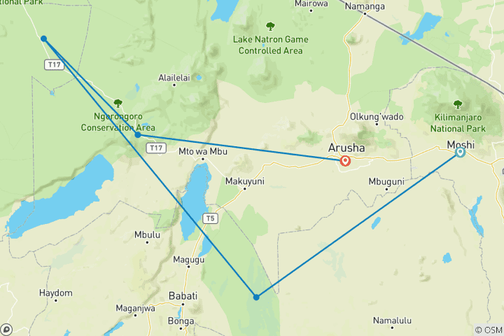 Carte du circuit 5 jours d'exploration de la Tanzanie