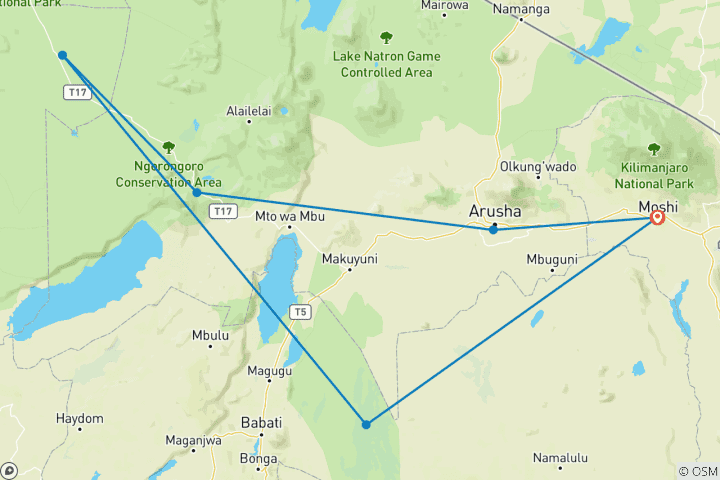 Carte du circuit Simba Classic Adventure Safari **Approche durable du voyage (7 jours)