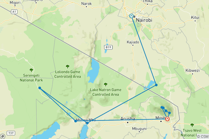 Carte du circuit Serengeti et Kilimandjaro (15 jours)