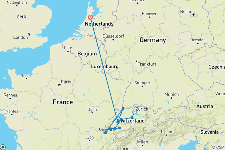 Map of Rhine Christmas Markets with Switzerland 2026|2027 - 12 Days (from Zurich to Amsterdam)