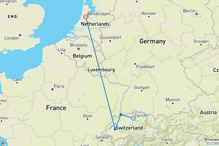 Carte du circuit Marchés de Noël du Rhin 2026|2027 - 8 jours (from Zurich to Amsterdam)