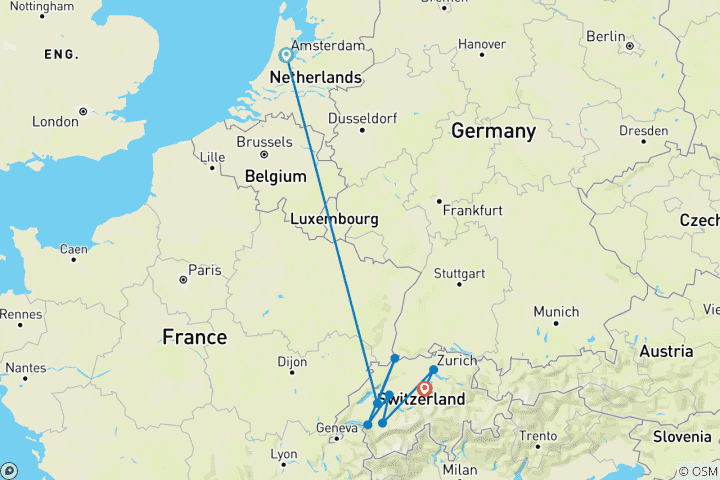 Carte du circuit Marchés de Noël du Rhin avec la Suisse 2026|2027 - 12 jours (from Amsterdam to Lucerne)