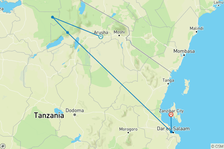 Carte du circuit De la Tanzanie à Zanzibar : Sables blancs et nature sauvage (9 jours)