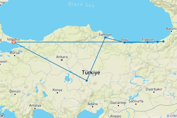 Map of 11-Day Private Angels Vacations in TURKEY| Secrets of the Black Sea: A Verdant Quest from Istanbul to the Unknown! (Istanbul-Cappadocia-Black Sea)(Fully Guided)