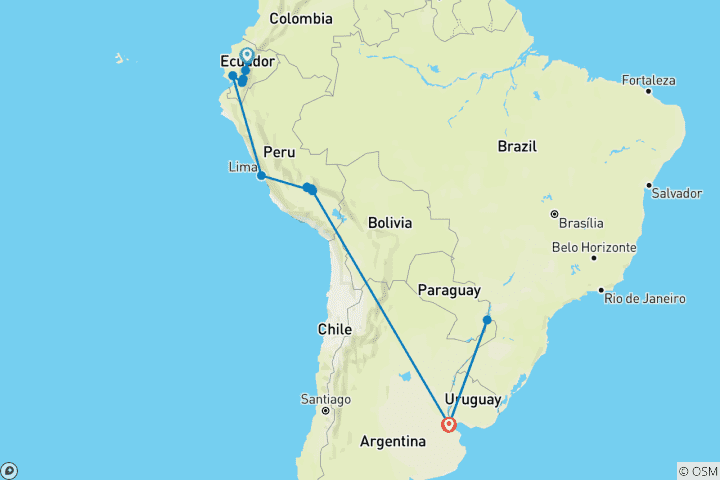 Map of South American Encounters 19 Day Tour