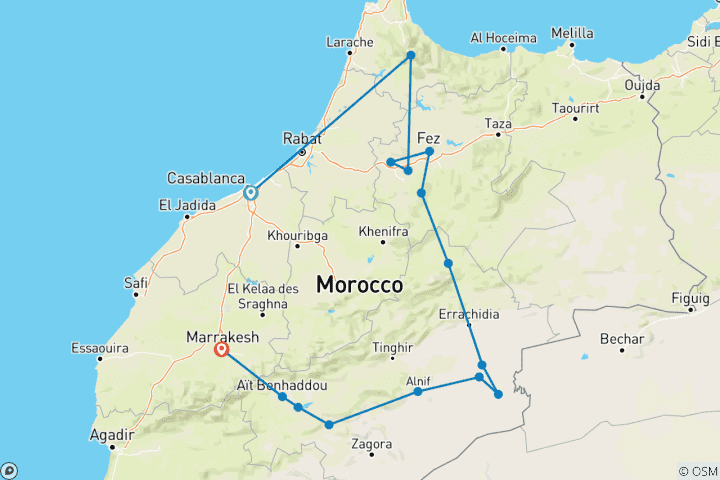 Carte du circuit Circuit de 7 jours des villes impériales du Maroc et du désert du Sahara. (Circuit en groupe, hôtels 4*)