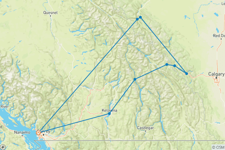 Mapa de Excursión de 6 días por el Oeste de Canadá con VIA Rail | BC & Rocosas (2 desayunos de cortesía en el Hotel de las Rocosas)