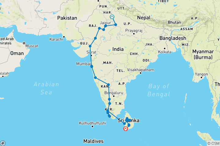 Carte du circuit De l'Inde au Sri Lanka : Le Taj Mahal et les bars de plage