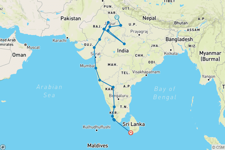 Kaart van India naar Sri Lanka: De Taj Mahal & Strandbars