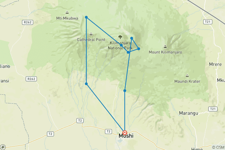 Map of Mount Kilimanjaro Climbing Group Joining Via Machame Route 9 Days Tanzania (all accommodation and transport are included)