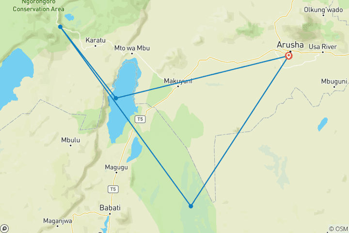 Map of 5 days Join Group Luxury Safari Serengeti, Ngorongoro, Tarangire and Lake Manyara