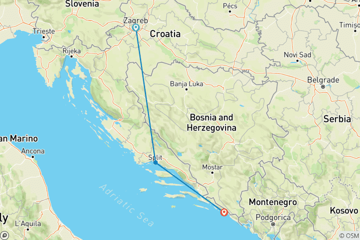 Carte du circuit Visite autoguidée de 8 jours de Zagreb, Split et Dubrovnik en autocar