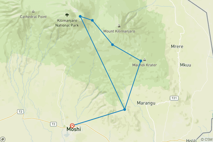 Map of Group Joining Mount Kilimanjaro Climbing through Marangu Route 8 Days Tanzania (all accommodation and transport are included)