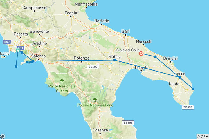 Carte du circuit Italie : Côte amalfitaine aux Pouilles (de Naples à Alberobello) (2026)