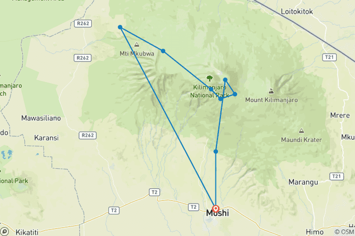Carte du circuit 9 jours d'ascension du Kilimandjaro - Route du Lemosho