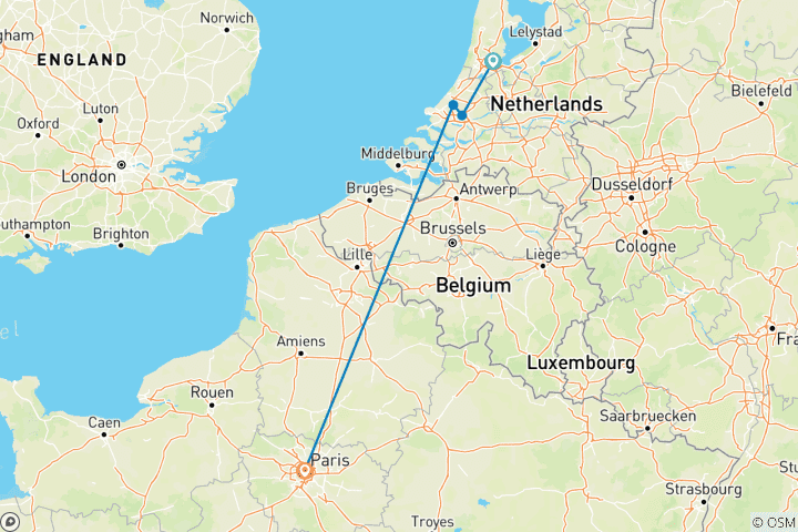 Map of 5 Day Amsterdam And Paris By Train Including Rotterdam, Delft & The Hague
