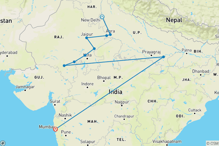 Karte von Luxus Indien Tour mit Varanasi und Agra