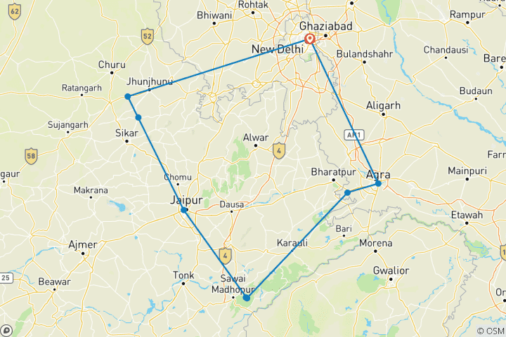 Karte von Luxus Indien Tour für 10 Tage