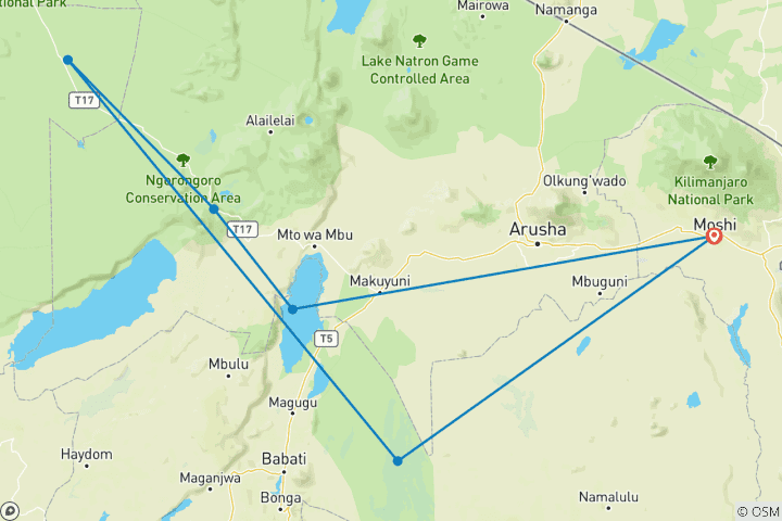 Carte du circuit Safari dans le nord de la Tanzanie. (L'hébergement et le transport sont inclus.)