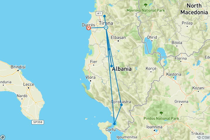 Kaart van Het beste van Albanië - 5 dagen van Tirana naar Berat UNESCO, Ksamil strand, Kruja kasteel, Shala rivier, Bovilla meer & Gjirokastra