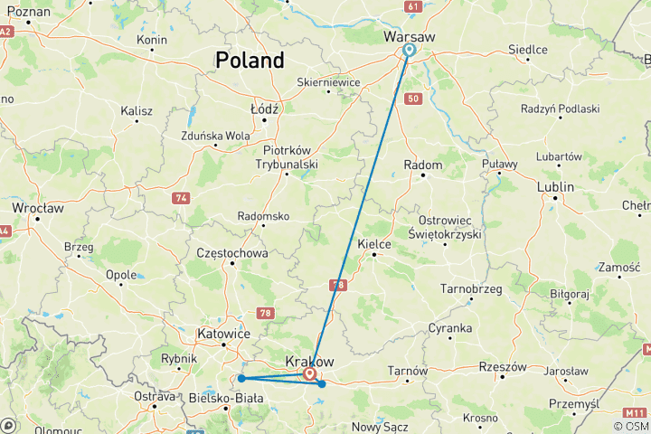 Carte du circuit 5 jours de visite personnalisée de la Pologne en famille, départ quotidien et voiture privée