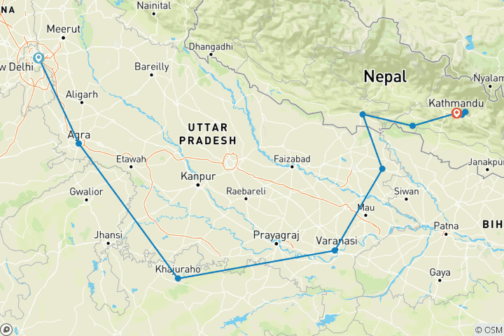 Karte von Luxus Indien mit Nepal